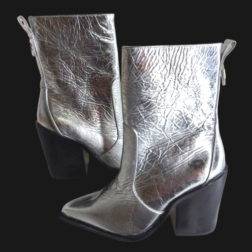 LARROUDE JAMES CRINKLED SILVER METALLIC Ankle Boots... Size 6 - Picture 4 of 11